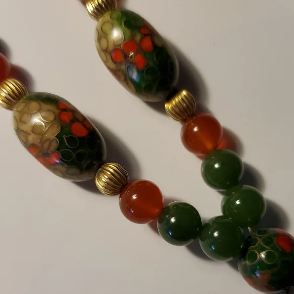 Stunning Vintage Chinese Jade & Carnelian Cloisonne Necklace